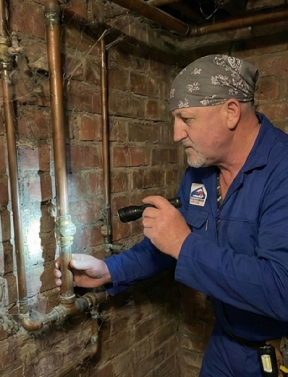 Мастер диагностирует трубы в квартире