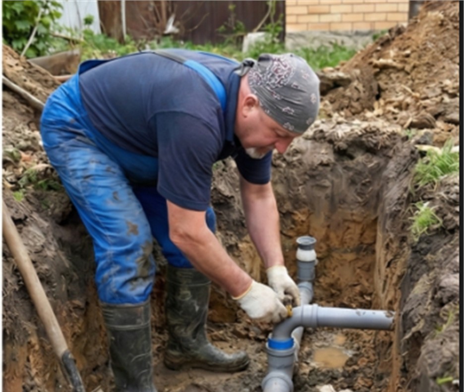 Мастер выполняет работы по канализации