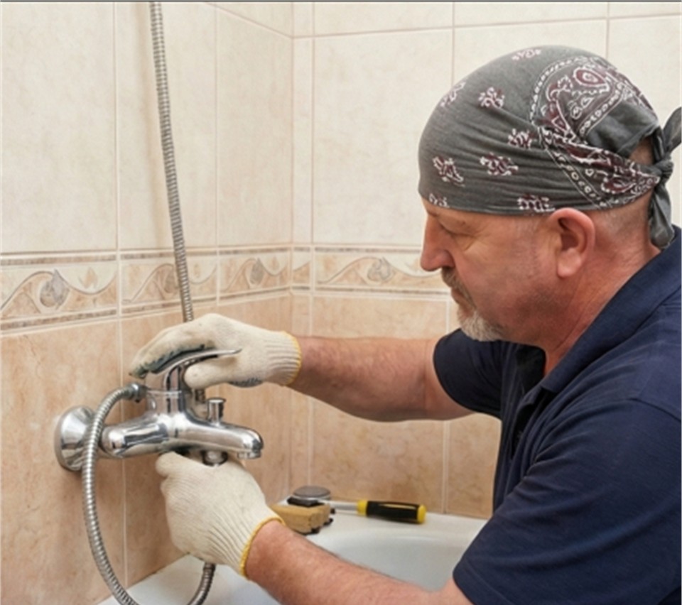 Мастер ремонтирует смеситель в ванной